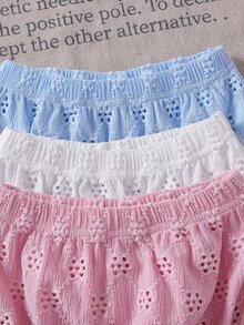 SHEIN Playful Pals 女嬰夏季柔和色系3件套，純杏色、米色、粉色短褲組合，極簡無圖案風格，寬鬆版型，適合戶外玩耍，舒適且易於適應各種派對場合 - 彩色 - 查看 5