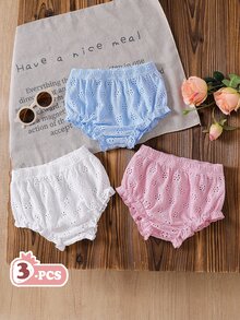 SHEIN Playful Pals 女嬰夏季柔和色系3件套，純杏色、米色、粉色短褲組合，極簡無圖案風格，寬鬆版型，適合戶外玩耍，舒適且易於適應各種派對場合 - 彩色 - 查看 4