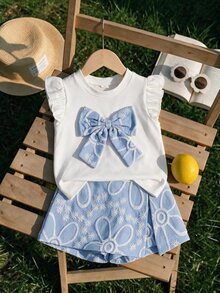 SHEIN New Clothing4-7Y Girls Sweet Bow Decor Beaded Flutter Sleeve Round Neck Top Elastic Waist White Split Shorts 2 Pieces Set Birthday 7th Birthday Summer - Blue - View 3