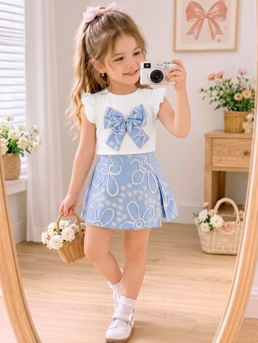 SHEIN New Clothing4-7Y Girls Sweet Bow Decor Beaded Flutter Sleeve Round Neck Top Elastic Waist White Split Shorts 2 Pieces Set Birthday 7th Birthday Summer - Blue - View 1
