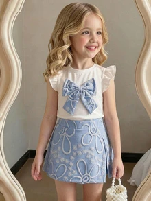 SHEIN New Clothing4-7Y Girls Sweet Bow Decor Beaded Flutter Sleeve Round Neck Top Elastic Waist White Split Shorts 2 Pieces Set Birthday 7th Birthday Summer - Blue - View 4