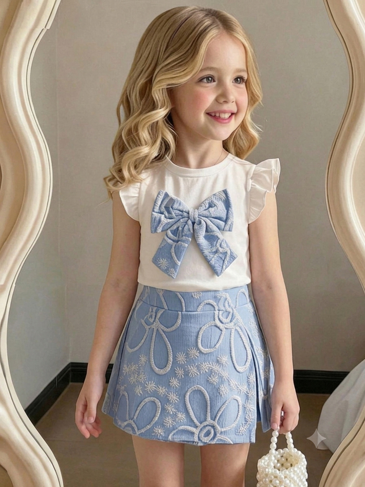 SHEIN New Clothing4-7Y Girls Sweet Bow Decor Beaded Flutter Sleeve Round Neck Top Elastic Waist White Split Shorts 2 Pieces Set Birthday 7th Birthday Summer - Blue - View 4