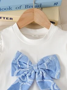 SHEIN New Clothing4-7Y Girls Sweet Bow Decor Beaded Flutter Sleeve Round Neck Top Elastic Waist White Split Shorts 2 Pieces Set Birthday 7th Birthday Summer - Blue - View 7