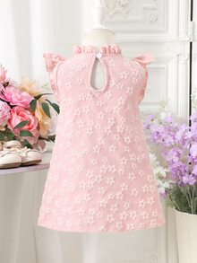Baby Girl Dusty Pink Summer Party Birthday Flower Girl Dress Princess-Style Ruffled Shoulder 3D Floral Pattern Short-Sleeve A-Line Flowy Bow Wedding - Pink - View 3