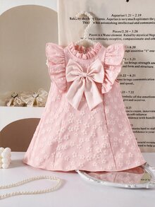 Baby Girl Dusty Pink Summer Party Birthday Flower Girl Dress Princess-Style Ruffled Shoulder 3D Floral Pattern Short-Sleeve A-Line Flowy Bow Wedding - Pink - View 4