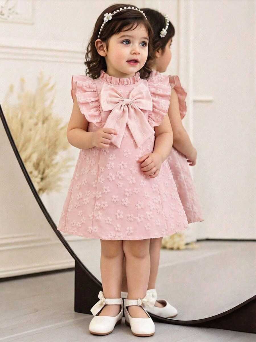 Baby Girl Dusty Pink Summer Party Birthday Flower Girl Dress Princess-Style Ruffled Shoulder 3D Floral Pattern Short-Sleeve A-Line Flowy Bow Wedding
