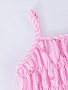 SHEIN 年轻女孩可爱条纹蝴蝶结全身印花吊带背心和阔腿裤两件套，夏季 - 粉色 - 查看 8
