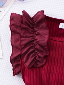 Glamorique Kids Baby Girls' Ruffled Cap Sleeve Ribbed Mesh Round Neck Summer Princess Casual Dress With Belt - Burgundy - View 5