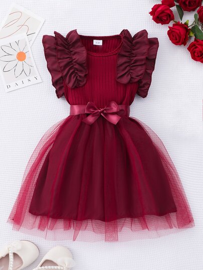 Glamorique Kids Baby Girls' Ruffled Cap Sleeve Ribbed Mesh Round Neck Summer Princess Casual Dress With Belt