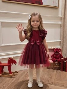 Glamorique Kids Baby Girls' Ruffled Cap Sleeve Ribbed Mesh Round Neck Summer Princess Casual Dress With Belt - Burgundy - View 3