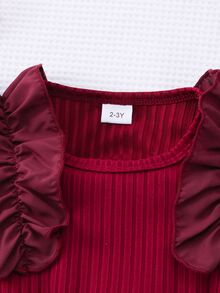 Glamorique Kids Baby Girls' Ruffled Cap Sleeve Ribbed Mesh Round Neck Summer Princess Casual Dress With Belt - Burgundy - View 9
