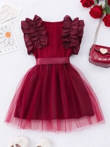 Glamorique Kids Baby Girls' Ruffled Cap Sleeve Ribbed Mesh Round Neck Summer Princess Casual Dress With Belt - Burgundy - View 4