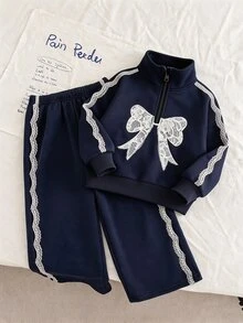 2件組女嬰休閒時尚春秋冬季女童立領運動衫與寬腿運動長褲套裝，甜美蝴蝶結圖案，柔軟面料，時尚寬腿褲款，春秋冬季女童服裝套裝，女童寬腿褲穿搭 - 米色 - 查看 1