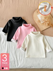 SHEIN Vintaside Kids 3件組幼兒女嬰高領上衣褲套裝，甜美粉色、黑色、象牙色，抓絨毛絨長袖高領加厚冬季節日獨角獸羅紋款 - 彩色 - 查看 1