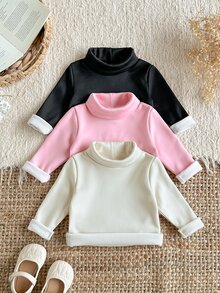 SHEIN Vintaside Kids 3件組幼兒女嬰高領上衣褲套裝，甜美粉色、黑色、象牙色，抓絨毛絨長袖高領加厚冬季節日獨角獸羅紋款 - 彩色 - 查看 6