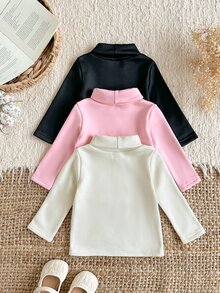 SHEIN Vintaside Kids 3件組幼兒女嬰高領上衣褲套裝，甜美粉色、黑色、象牙色，抓絨毛絨長袖高領加厚冬季節日獨角獸羅紋款 - 彩色 - 查看 2