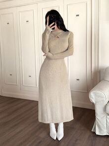 Feyla Elegant Solid Color Fleece Casual Dress For Women Autumn Women Long Sleeve Dress Long Sleeve Elegant Dress Knit Dress Sweater Dress Hollow Out Dress - Apricot - View 3