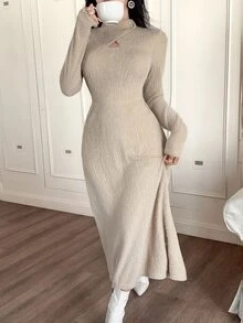 Feyla Elegant Solid Color Fleece Casual Dress For Women Autumn Women Long Sleeve Dress Long Sleeve Elegant Dress Knit Dress Sweater Dress Hollow Out Dress - Apricot - View 6