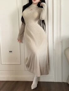 Feyla Elegant Solid Color Fleece Casual Dress For Women Autumn Women Long Sleeve Dress Long Sleeve Elegant Dress Knit Dress Sweater Dress Hollow Out Dress - Apricot - View 5