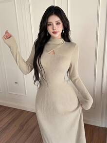 Feyla Elegant Solid Color Fleece Casual Dress For Women Autumn Women Long Sleeve Dress Long Sleeve Elegant Dress Knit Dress Sweater Dress Hollow Out Dress - Apricot - View 1