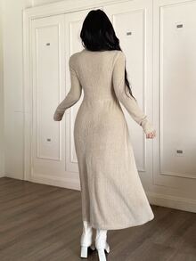 Feyla Elegant Solid Color Fleece Casual Dress For Women Autumn Women Long Sleeve Dress Long Sleeve Elegant Dress Knit Dress Sweater Dress Hollow Out Dress - Apricot - View 4