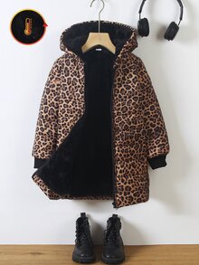 SHEIN Elladie kids 女童連帽豹紋冬季夾克，抓絨內裡加厚，Y2K 西式街頭風，秋冬外套，黑色 - 彩色 - 查看 9