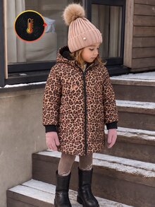 SHEIN Elladie kids 女童連帽豹紋冬季夾克，抓絨內裡加厚，Y2K 西式街頭風，秋冬外套，黑色 - 彩色 - 查看 7