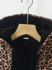 SHEIN Elladie kids 女童連帽豹紋冬季夾克，抓絨內裡加厚，Y2K 西式街頭風，秋冬外套，黑色 - 彩色 - 查看 5