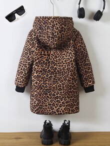 SHEIN Elladie kids 女童連帽豹紋冬季夾克，抓絨內裡加厚，Y2K 西式街頭風，秋冬外套，黑色 - 彩色 - 查看 3