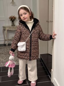 SHEIN Elladie kids 女童連帽豹紋冬季夾克，抓絨內裡加厚，Y2K 西式街頭風，秋冬外套，黑色 - 彩色 - 查看 8