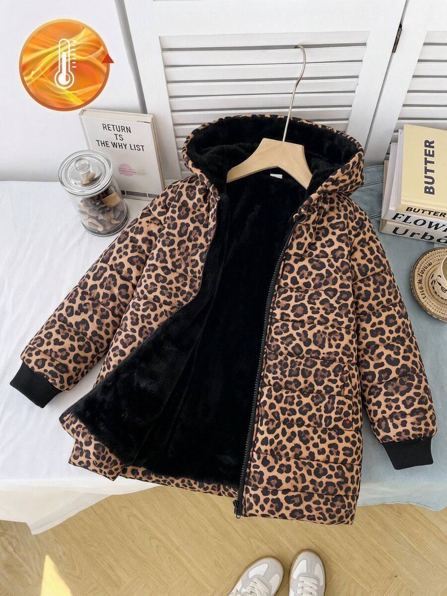 SHEIN Elladie kids 女童連帽豹紋冬季夾克，抓絨內裡加厚，Y2K 西式街頭風，秋冬外套，黑色