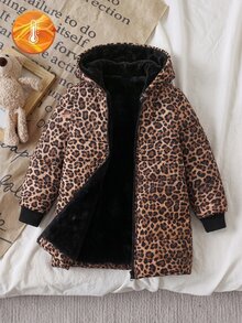 SHEIN Elladie kids 女童連帽豹紋冬季夾克，抓絨內裡加厚，Y2K 西式街頭風，秋冬外套，黑色 - 彩色 - 查看 4