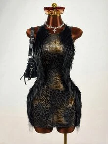 Mistrie Y2k Sexy Black & Gold Animal Print Faux Fur Patchwork Dress Christmas,Concert ,Elegant Party Dress - Black - View 5