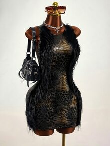 Mistrie Y2k Sexy Black & Gold Animal Print Faux Fur Patchwork Dress Christmas,Concert ,Elegant Party Dress - Black - View 4