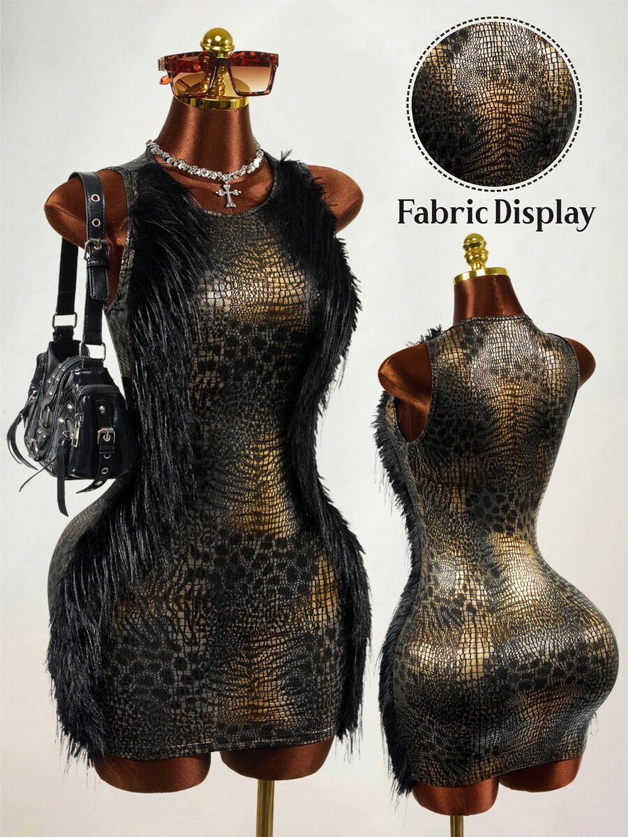 Mistrie Y2k Sexy Black & Gold Animal Print Faux Fur Patchwork Dress Christmas,Concert ,Elegant Party Dress
