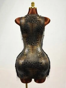 Mistrie Y2k Sexy Black & Gold Animal Print Faux Fur Patchwork Dress Christmas,Concert ,Elegant Party Dress - Black - View 6