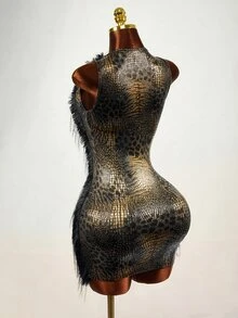 Mistrie Y2k Sexy Black & Gold Animal Print Faux Fur Patchwork Dress Christmas,Concert ,Elegant Party Dress - Black - View 3