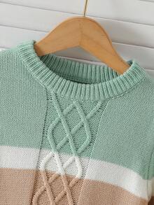 SHEIN Baby Autumn/Winter Cute Striped Round Neck Knit Sweater & Straight Leg Loose Pants 2 Pieces Set, Stylish Outfit For - Multicolor - View 3