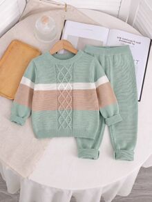 SHEIN Baby Autumn/Winter Cute Striped Round Neck Knit Sweater & Straight Leg Loose Pants 2 Pieces Set, Stylish Outfit For - Multicolor - View 7