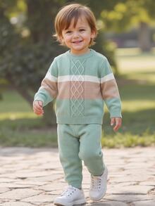 SHEIN Baby Autumn/Winter Cute Striped Round Neck Knit Sweater & Straight Leg Loose Pants 2 Pieces Set, Stylish Outfit For - Multicolor - View 1