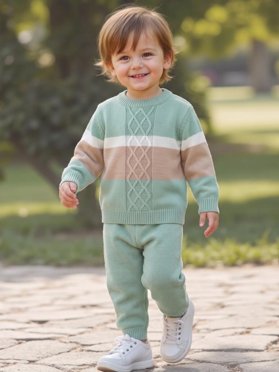 SHEIN Baby Autumn/Winter Cute Striped Round Neck Knit Sweater & Straight Leg Loose Pants 2 Pieces Set, Stylish Outfit For - Multicolor - View 1
