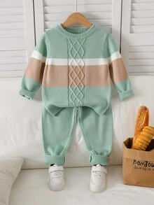 SHEIN Baby Autumn/Winter Cute Striped Round Neck Knit Sweater & Straight Leg Loose Pants 2 Pieces Set, Stylish Outfit For - Multicolor - View 8