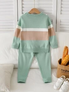 SHEIN Baby Autumn/Winter Cute Striped Round Neck Knit Sweater & Straight Leg Loose Pants 2 Pieces Set, Stylish Outfit For - Multicolor - View 2