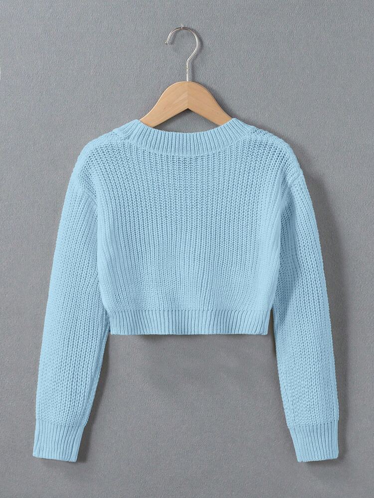 SHEIN Tween Girl Autumn Casual Solid Color Cropped Sweater Pullover - Baby Blue - View 2