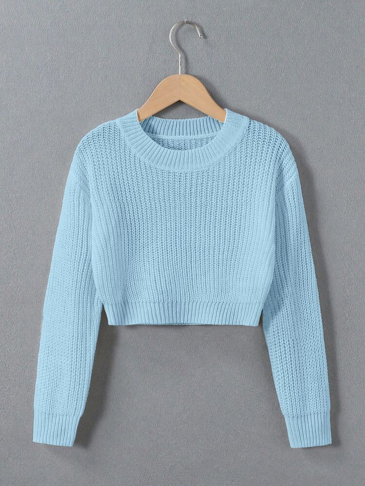 SHEIN Tween Girl Autumn Casual Solid Color Cropped Sweater Pullover - Baby Blue - View 7