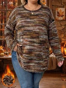 SHEIN CURVE+ Plus Size Casual Drop Shoulder Loose Striped T-Shirt, Suitable For Autumn/Winter Women's Clothing Fall - Multicolor - View 3