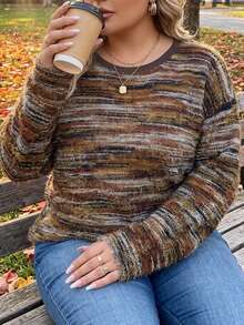 SHEIN CURVE+ Plus Size Casual Drop Shoulder Loose Striped T-Shirt, Suitable For Autumn/Winter Women's Clothing Fall - Multicolor - View 1