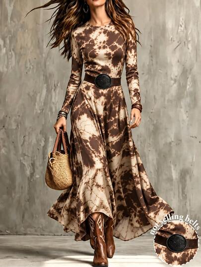 Glimmora Hot-Selling New Arrival, European And American Vintage Maillard Style Distressed Brown Tie-Dye Round Neck Long Sleeve Cinched Waist Long Dress, Pairs Well With Vintage Boots, Suitable For Autumn Outings And Vintage Atmosphere Date Outfits
