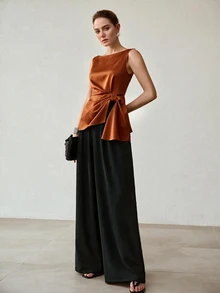 MOTF PREMIUM WOMEN'S ELEGANT DAILY COMMUTE SLEEVELESS BLOUSE WITH WAIST KNOT DETAIL - Burnt Orange - View 5