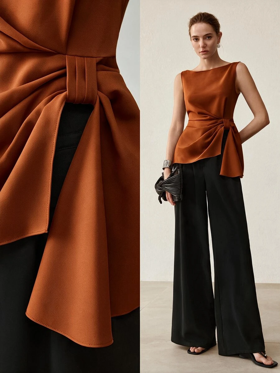 MOTF PREMIUM WOMEN'S ELEGANT DAILY COMMUTE SLEEVELESS BLOUSE WITH WAIST KNOT DETAIL - Burnt Orange - View 1